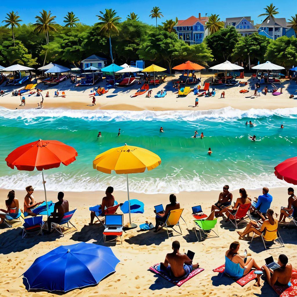 A lively beach scene capturing a diverse group of enthusiasts discussing technology amidst colorful beachwear, with laptops and surfboards in the foreground. Vibrant beach umbrellas provide shade, while the ocean waves crash in the background. The atmosphere is friendly and relaxed, symbolizing the connection between tech and emotional well-being. super-realistic. vibrant colors. sunny day.