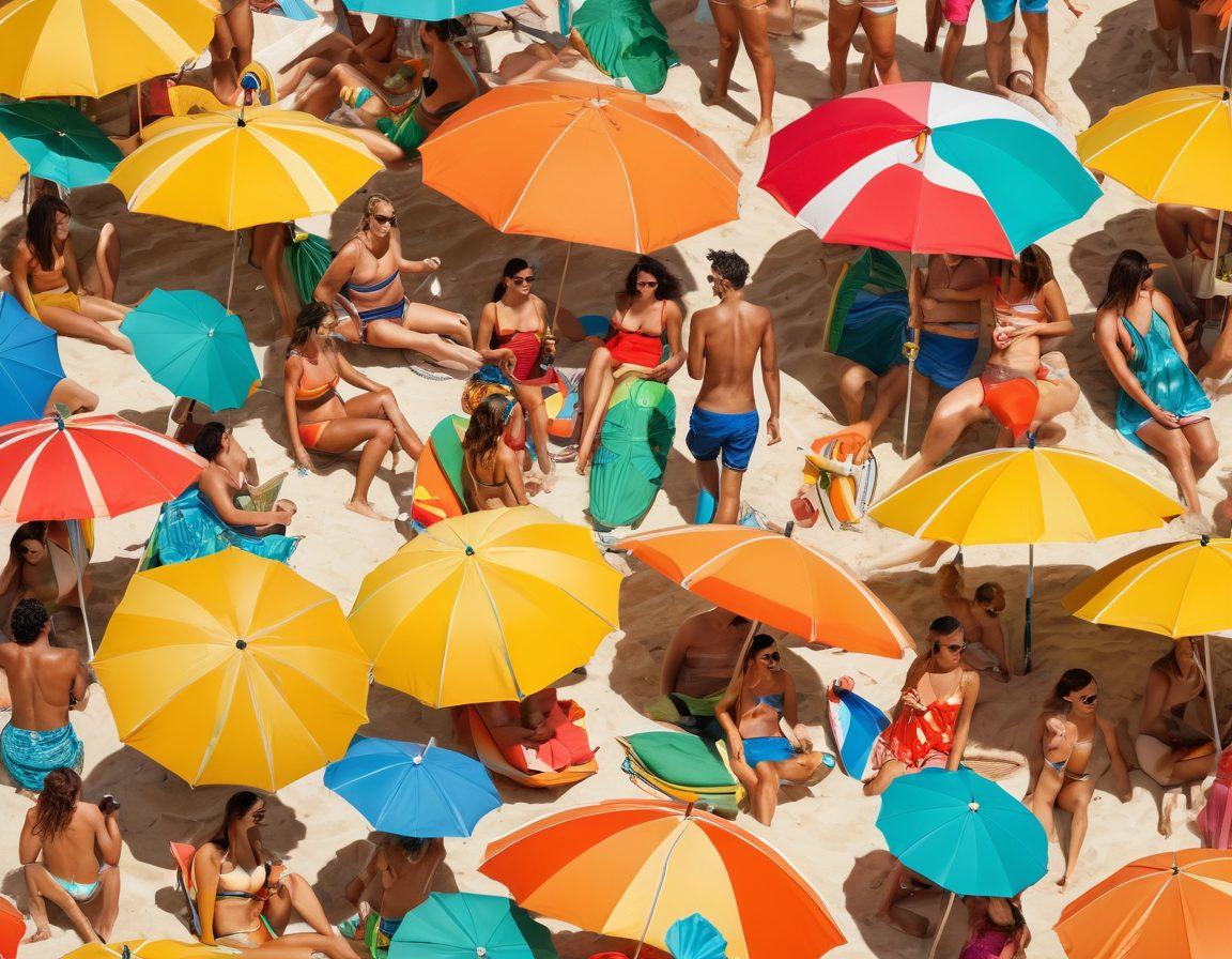 A vibrant beach scene featuring diverse people of all ages wearing trendy swimwear, joyfully interacting in a friendly, relaxed atmosphere. Incorporate elements like beach umbrellas, surfboards, and cheerful expressions, symbolizing community and support. A subtle nod to Linux culture, perhaps through accessories like T-shirts or hats with Linux logos in the background. colorful, bright, and inviting. super-realistic. vibrant colors.